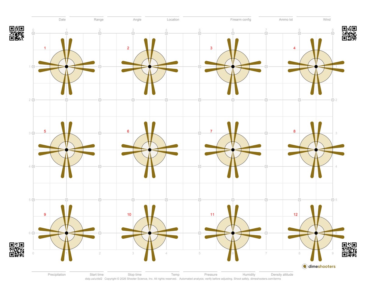 A DimeShooters printable target with twelve aim points and corner QR codes