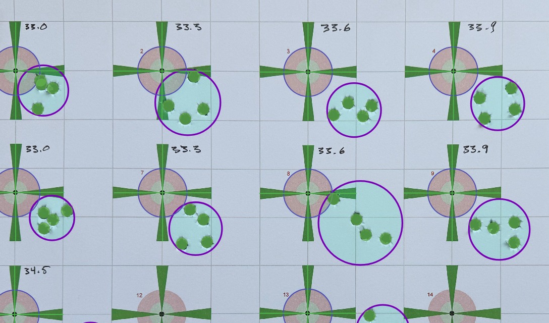 Close view of detected bullet holes, including touching holes, each filled and circled by group